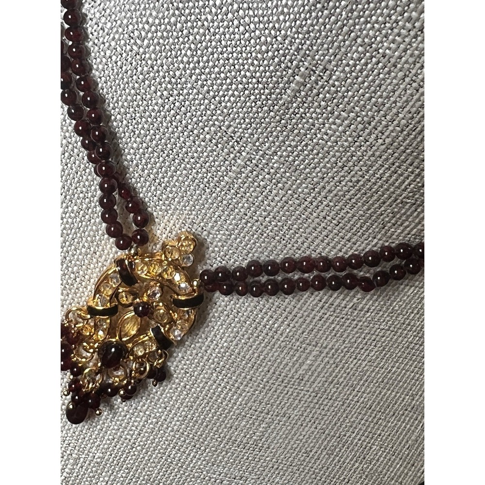 Vintage Maroon Beaded Necklace With Gold Tone Ornate Pendant Fashion Gift